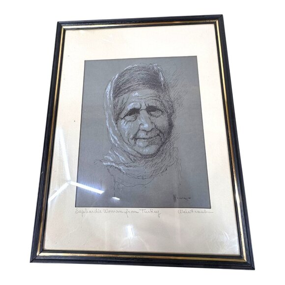 Authentic Vintage Weintraub from Turkey Portrait Sketch Framed Art Turkish Woman - Picture 2 of 11